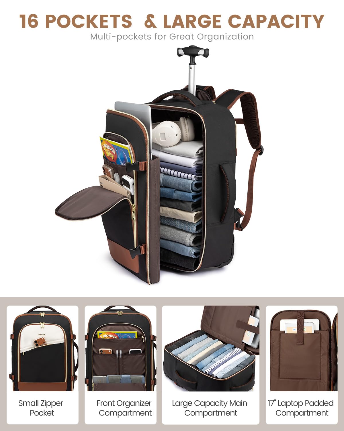 Rolling Backpack with Wheels, 17 Inch 57L Water Resistant I668