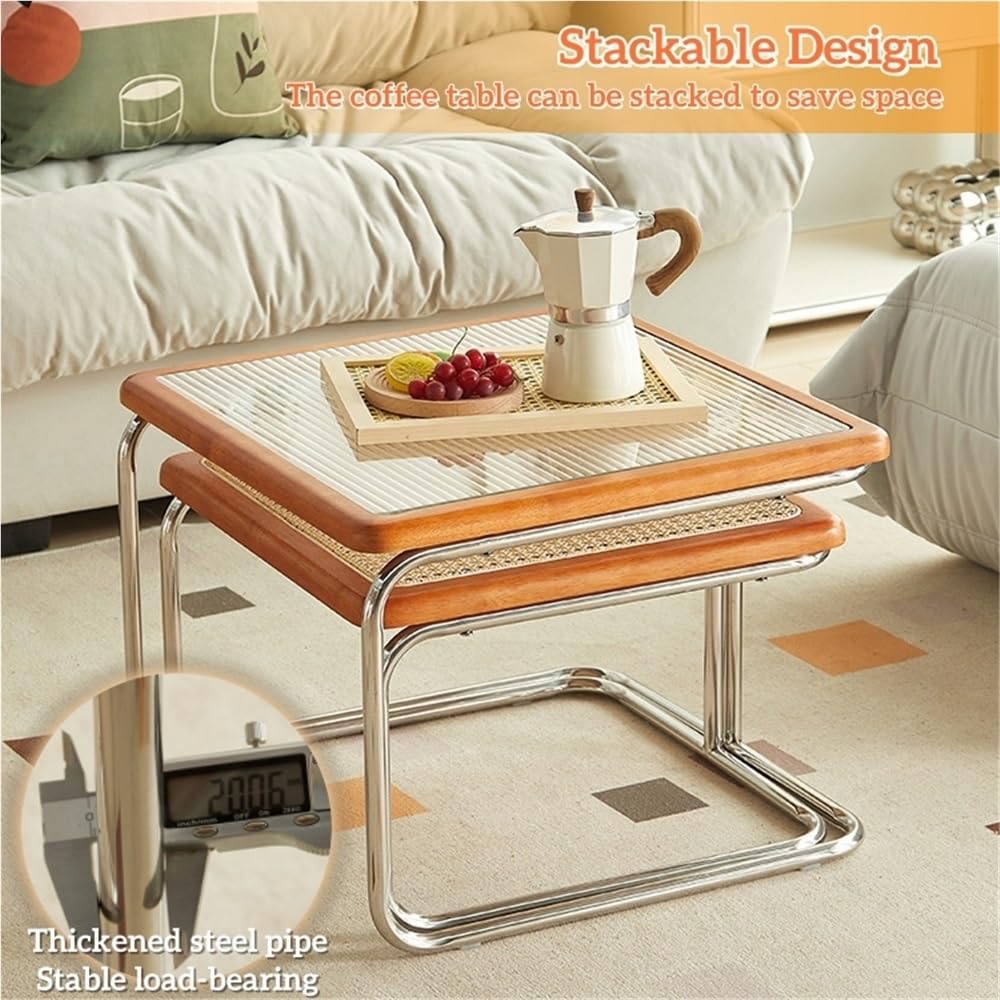 Square Nesting Coffee Table Set of 2 Wooden Rattan Glass Brown Z43144