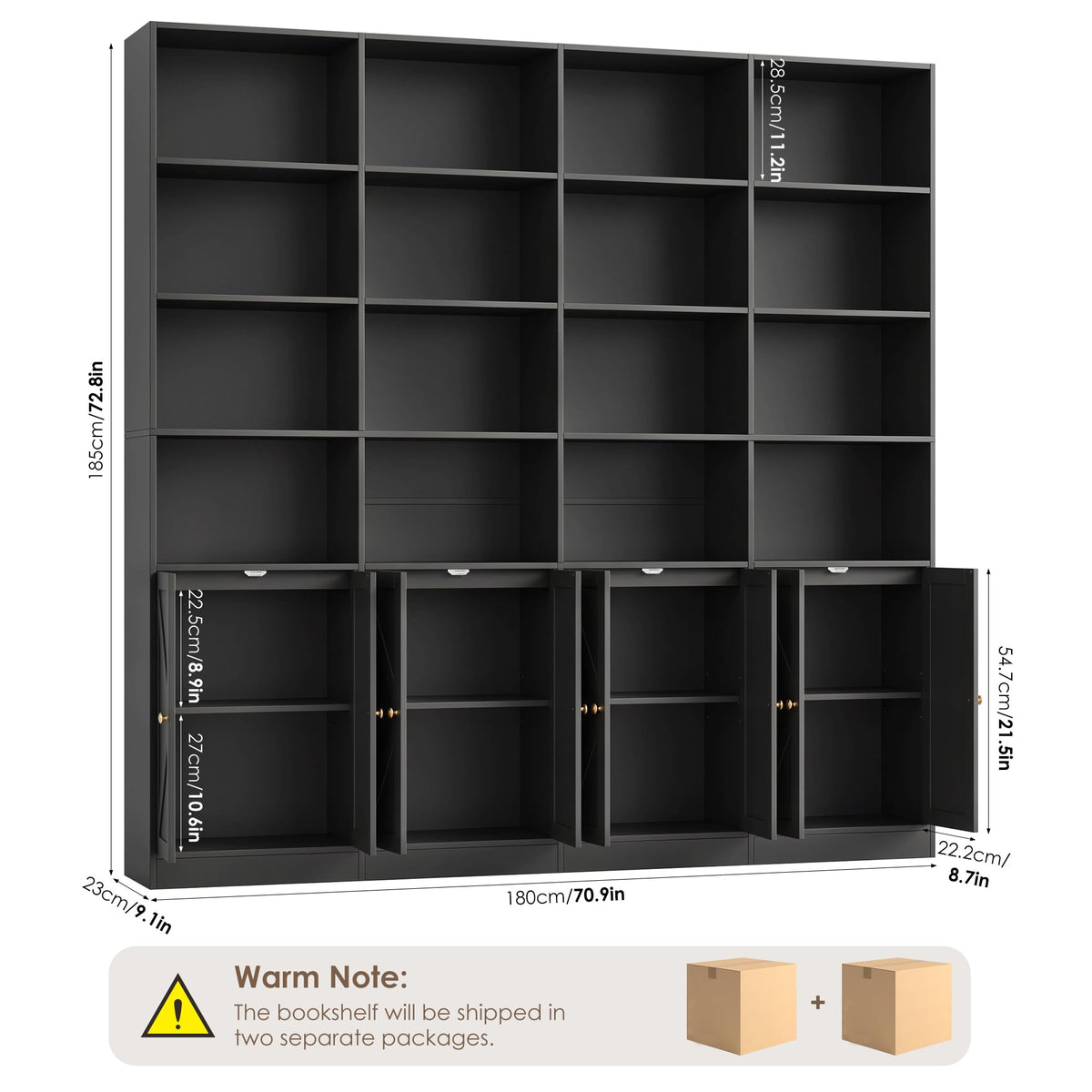 72.8" Black Bookshelf with 8 Doors H331