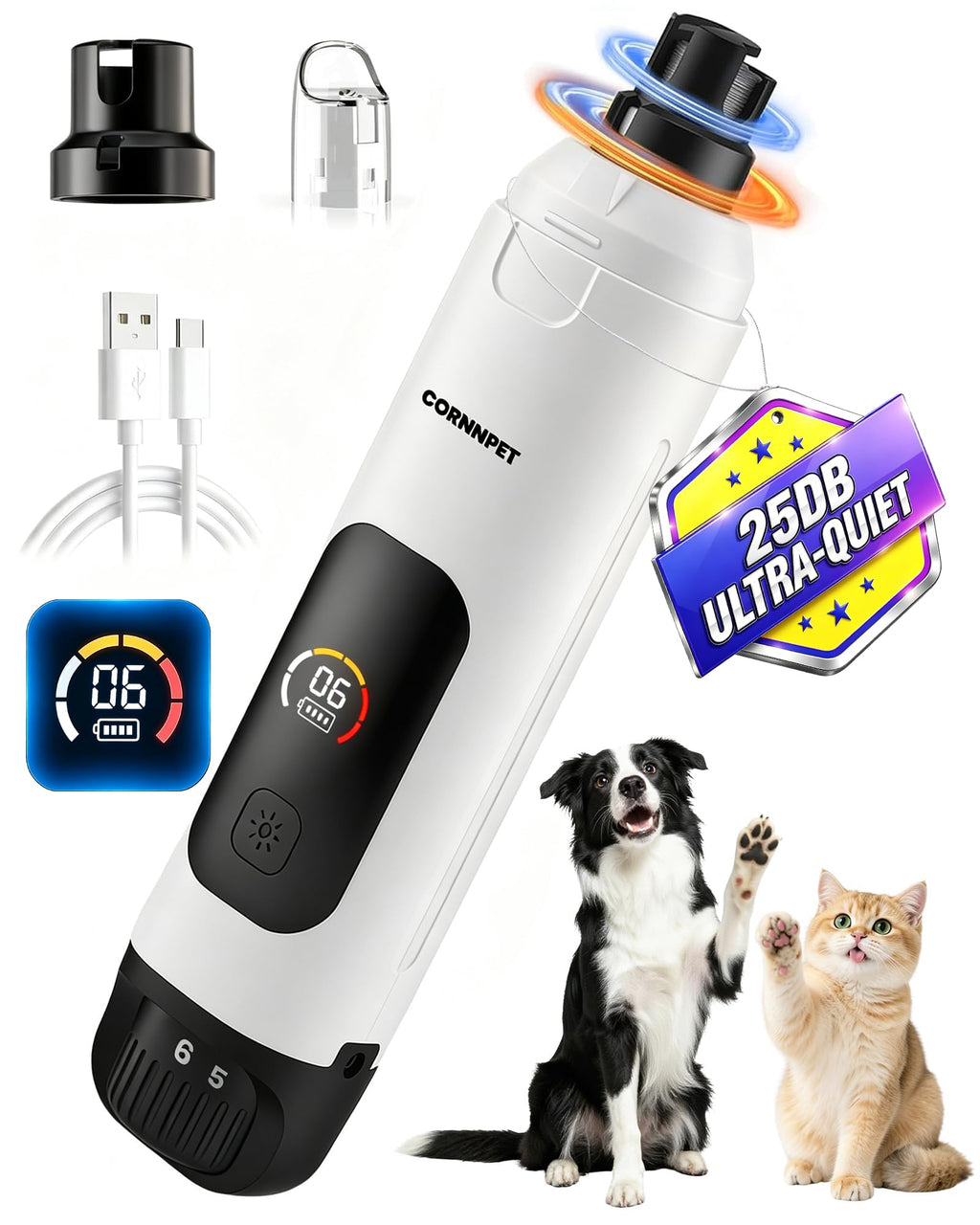 Dog Nail Grinder with LCD Display, 25dB Quiet 6-Speed Trimmer F43062