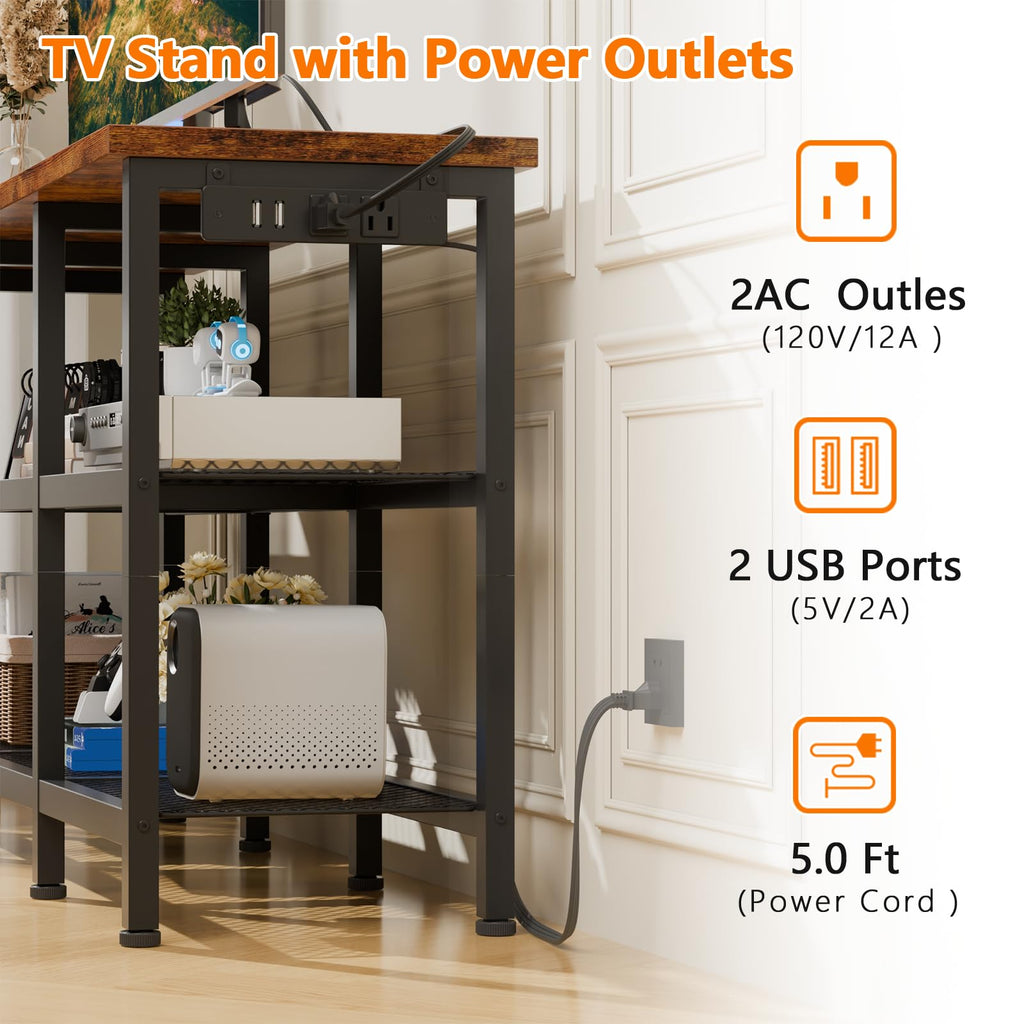 Rustic Brown TV Stand with Power Outlets and Open Storage Shelves C91474