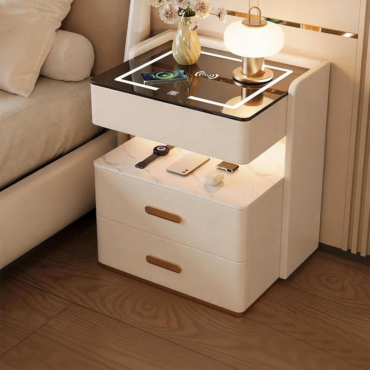 Smart Nightstand with 2 Storage Drawer, Wireless Charging Station, 3-Color Adjustable LED Light, Solid Wood Side Table X669110