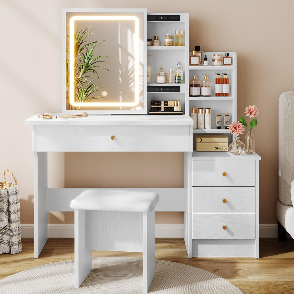 White Makeup Vanity Desk with Sliding Mirror & 4 Drawers V848