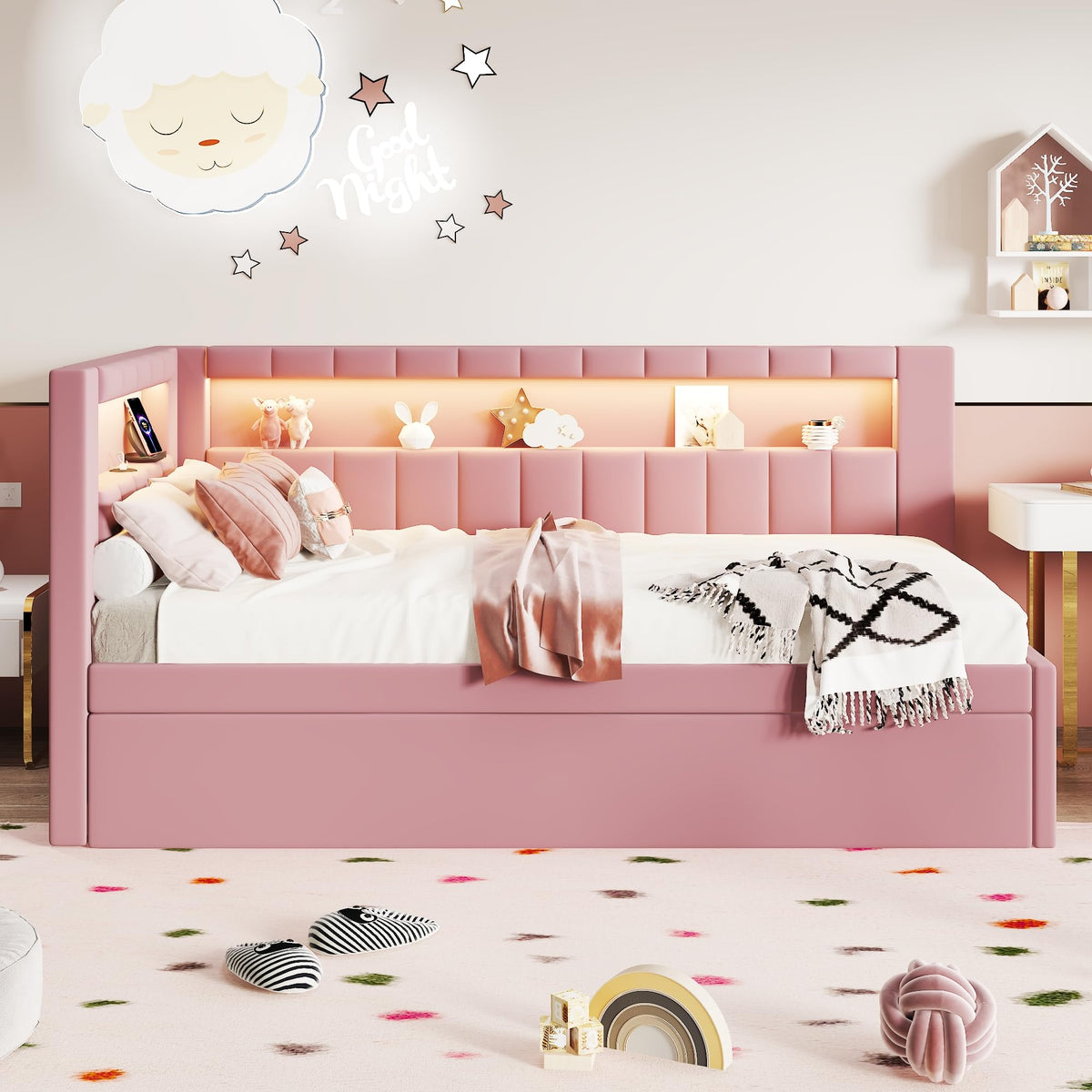 Twin Size Upholstered Platform Bed with Trundle and USB Ports K536541