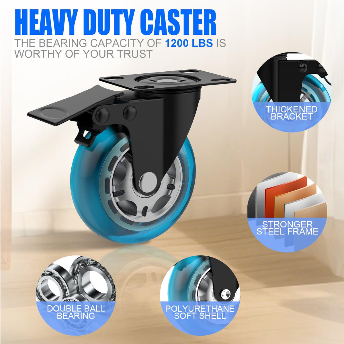 3 Inch Plate Casters Set of 4 Double Brake Heavy Duty Y72714