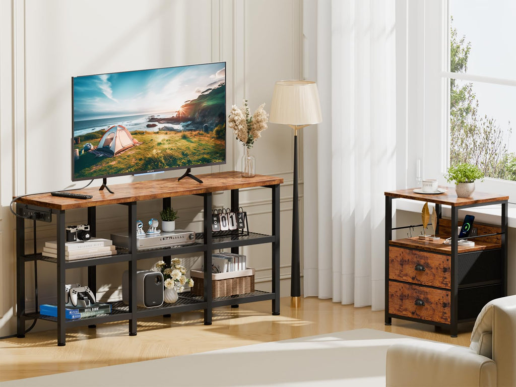 Rustic Brown TV Stand with Power Outlets and Open Storage Shelves C91474