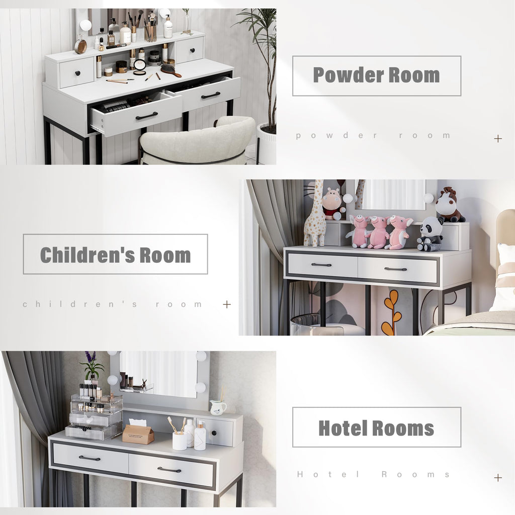 White Vanity Desk with Lighted Mirror and 4 Drawers P37362