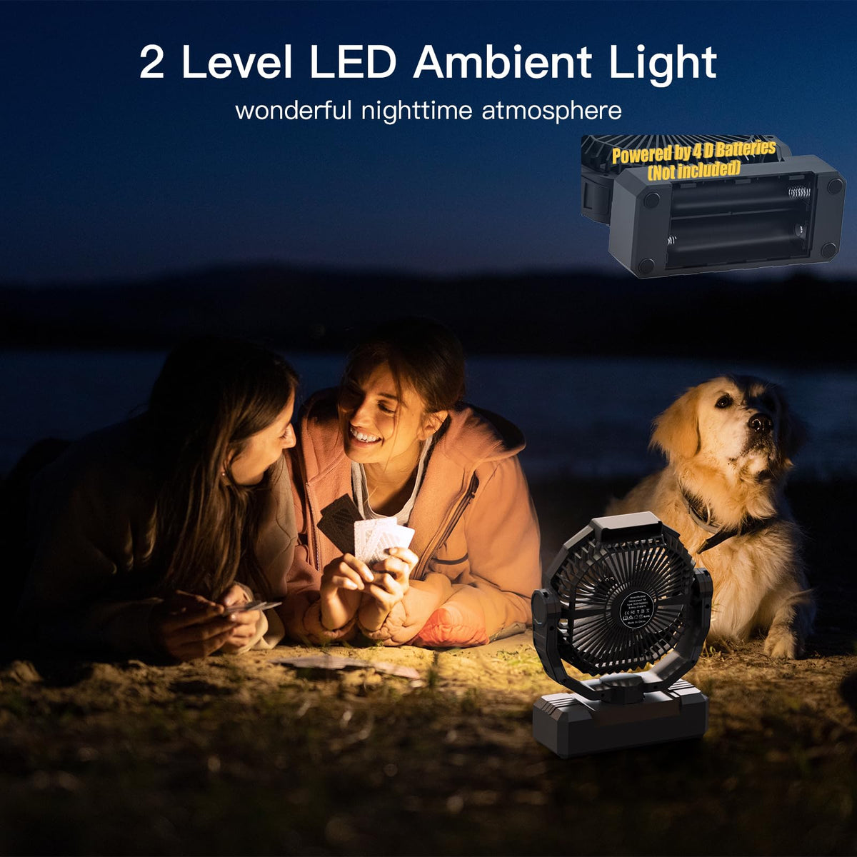 Battery Operated Portable Camping Fan with 4 Speeds, Light, Timer, Remote - Black A58009