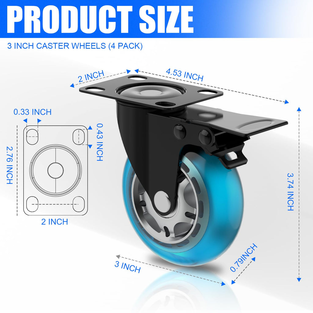 3 Inch Plate Casters Set of 4 Double Brake Heavy Duty Y72714