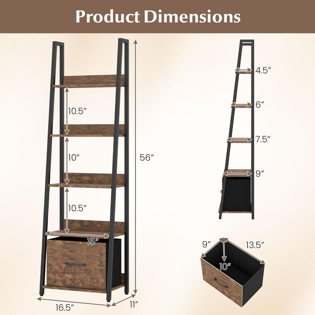 5-Tier Ladder Bookshelf with Fabric Drawer G33805