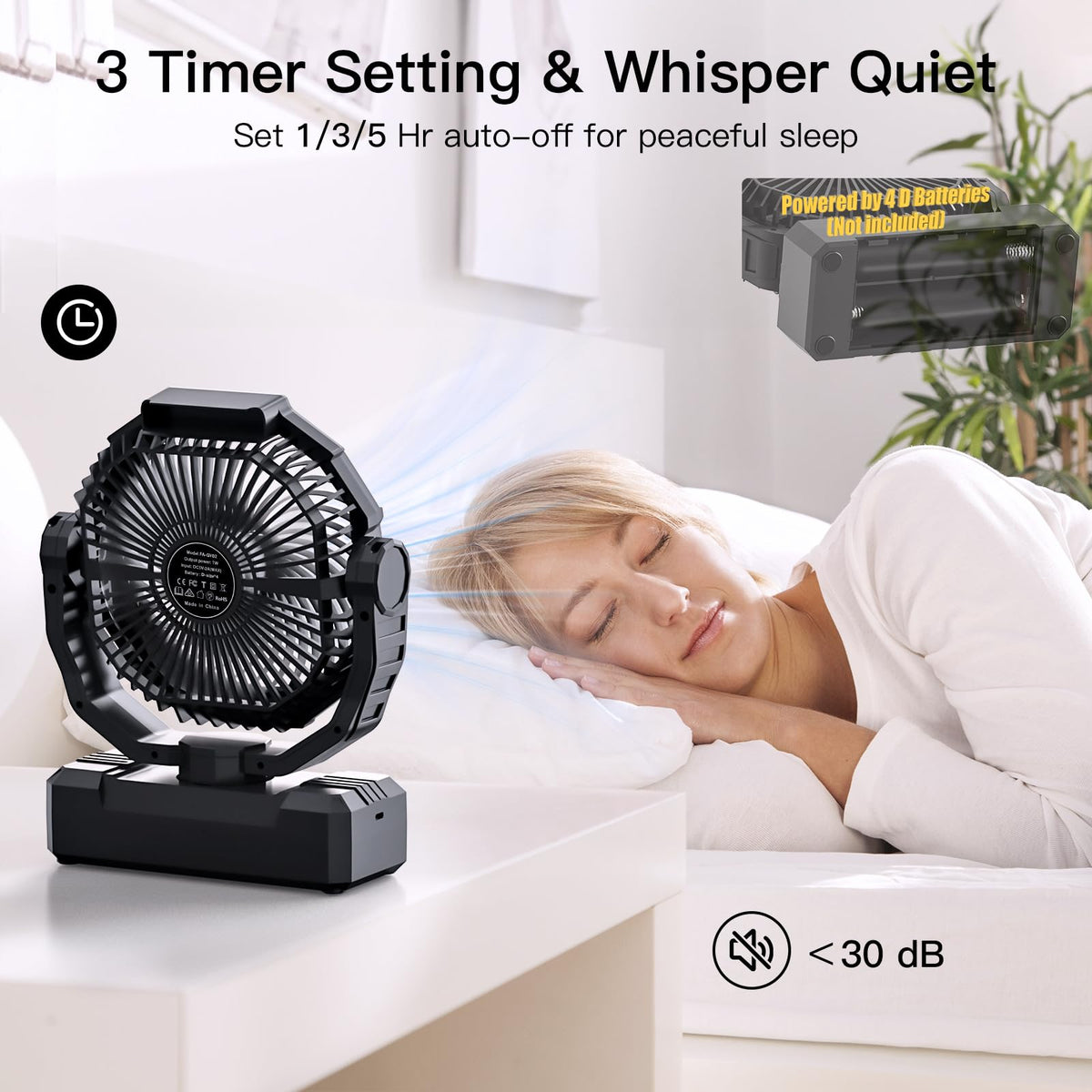 Battery Operated Portable Camping Fan with 4 Speeds, Light, Timer, Remote - Black A58009