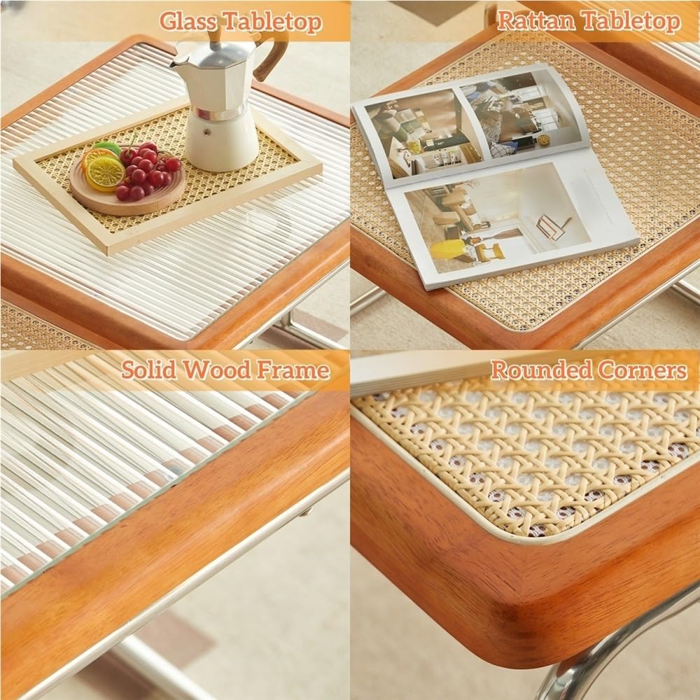 Square Nesting Coffee Table Set of 2 Wooden Rattan Glass Brown Z43144