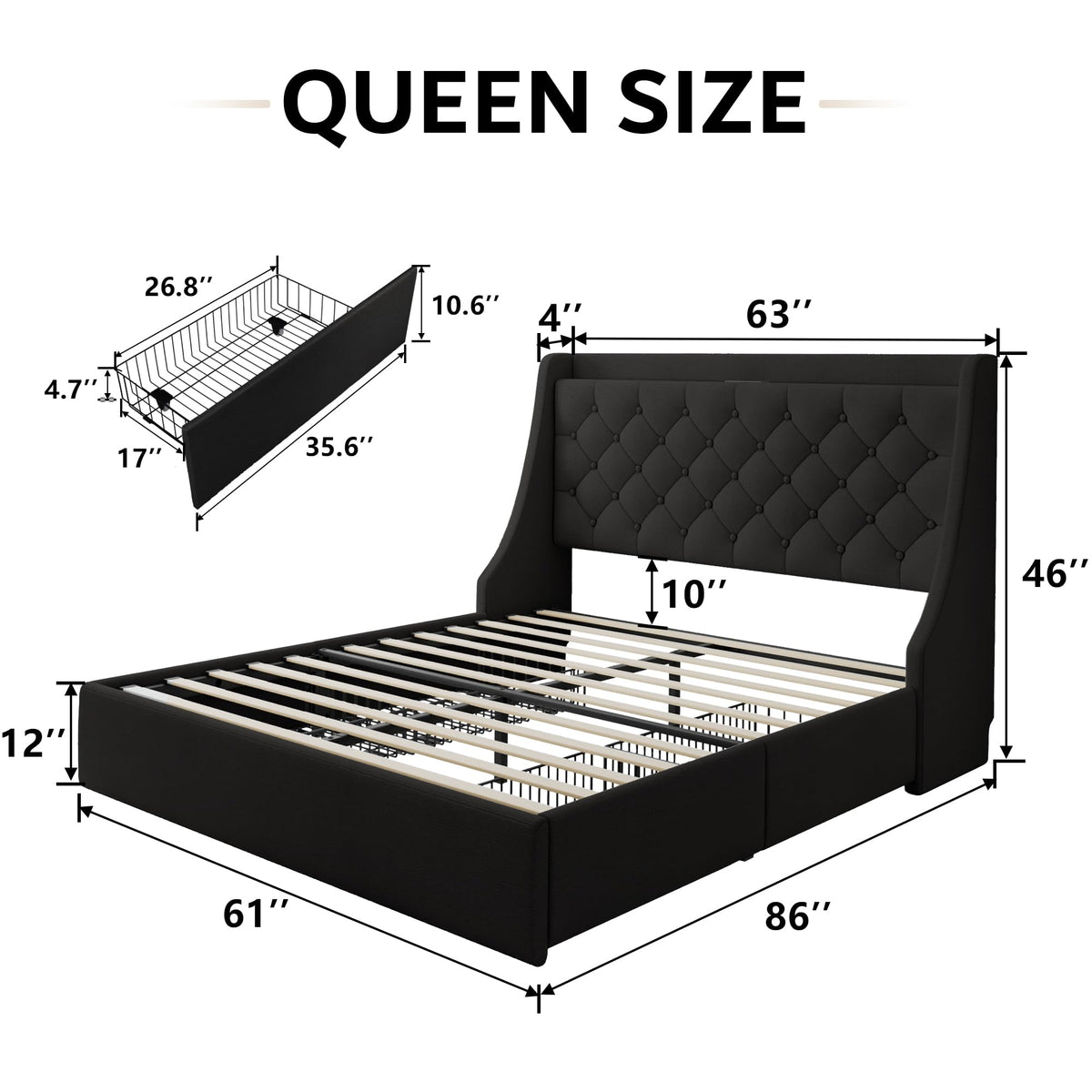 Black Queen Upholstered Platform Bed Frame with 4 Storage Drawers R30910