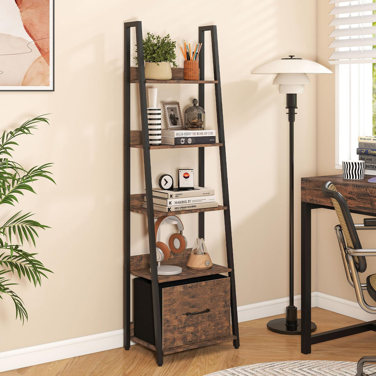 5-Tier Ladder Bookshelf with Fabric Drawer G33805