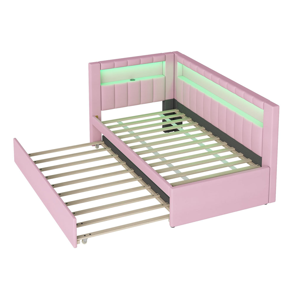 Twin Size Upholstered Platform Bed with Trundle and USB Ports K536541