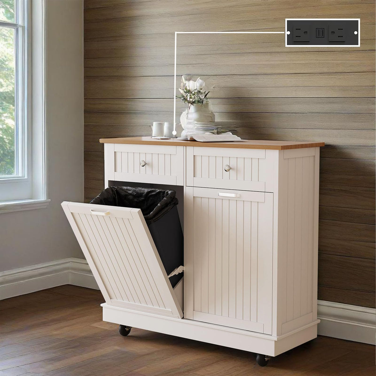 White 20 Gallon Tilt Out Trash Cabinet with Drawer N5125