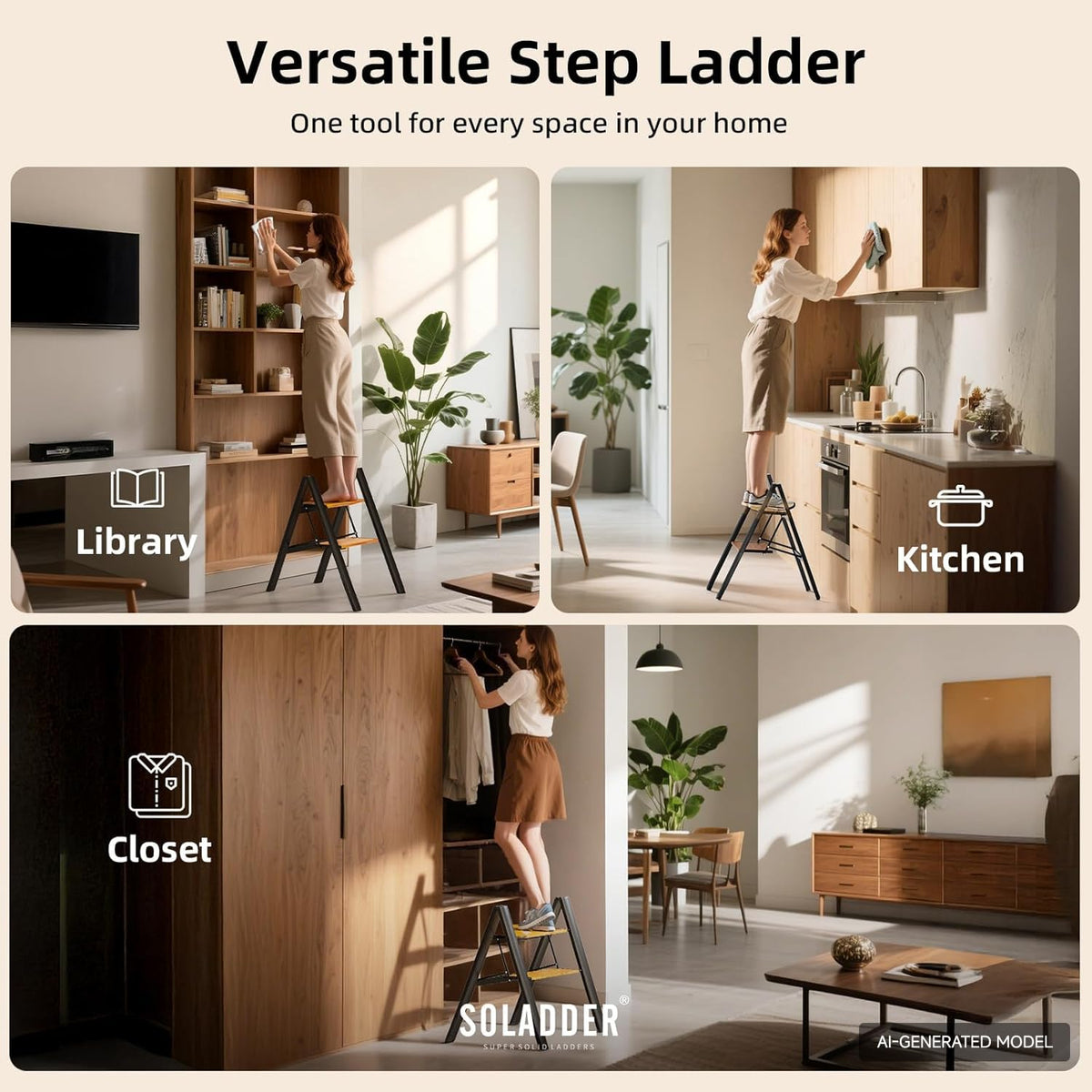 2 Step Folding Ladder, Black & Woodgrain A1137
