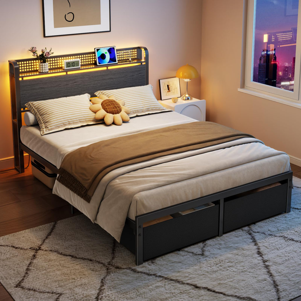 Full Size Bed Frame with Headboard, Charging Station, 2 Storage Drawers L987