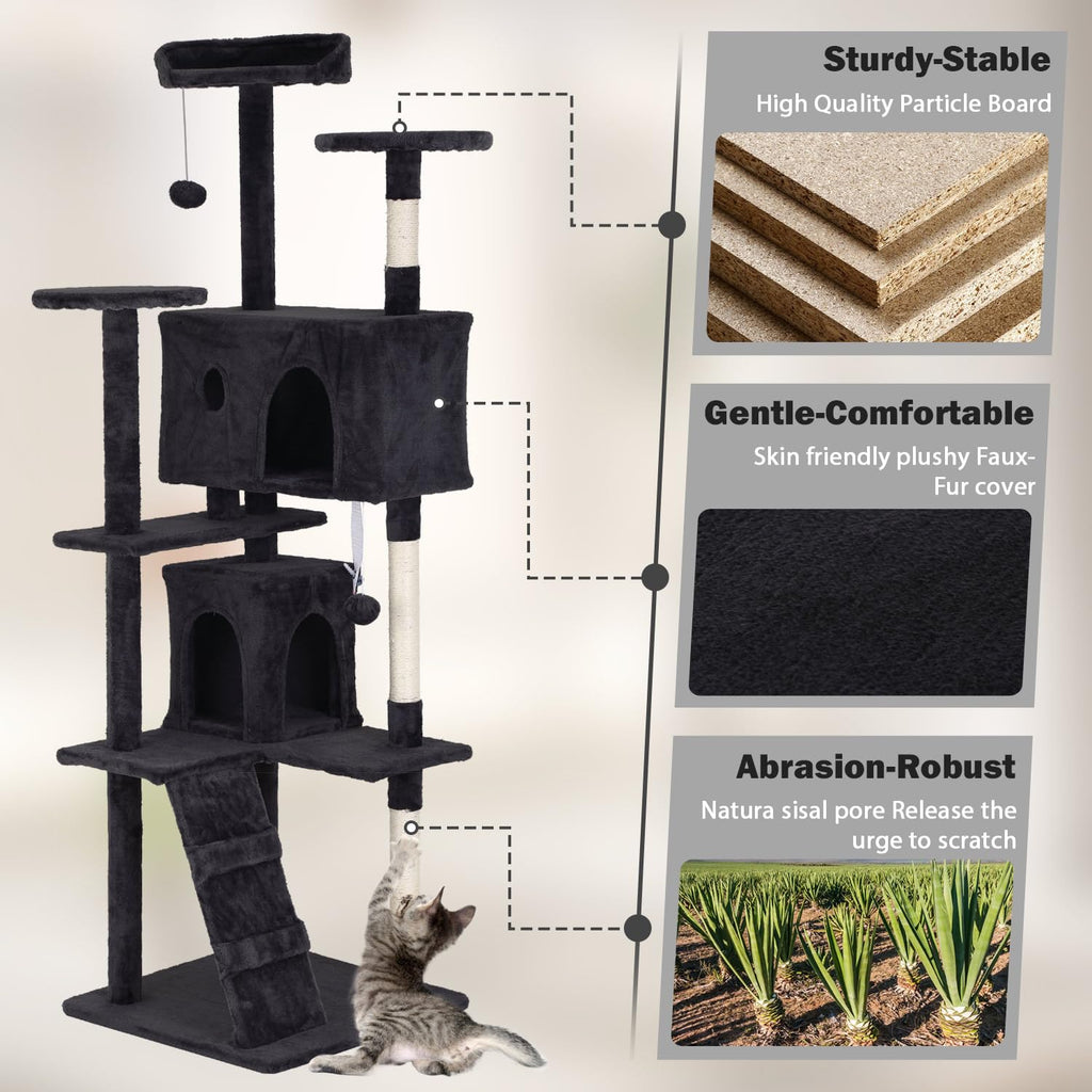 70" Dark Grey Cat Tree Tower with Scratching Post and Bed Y678174