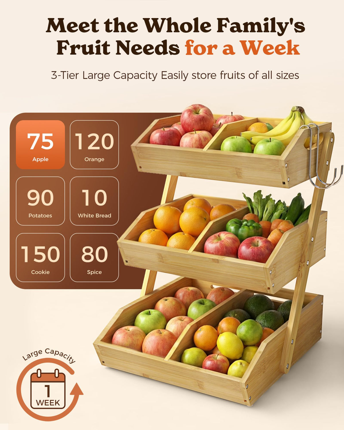 3-Tier Bamboo Fruit Basket with 2 Banana Holders L439