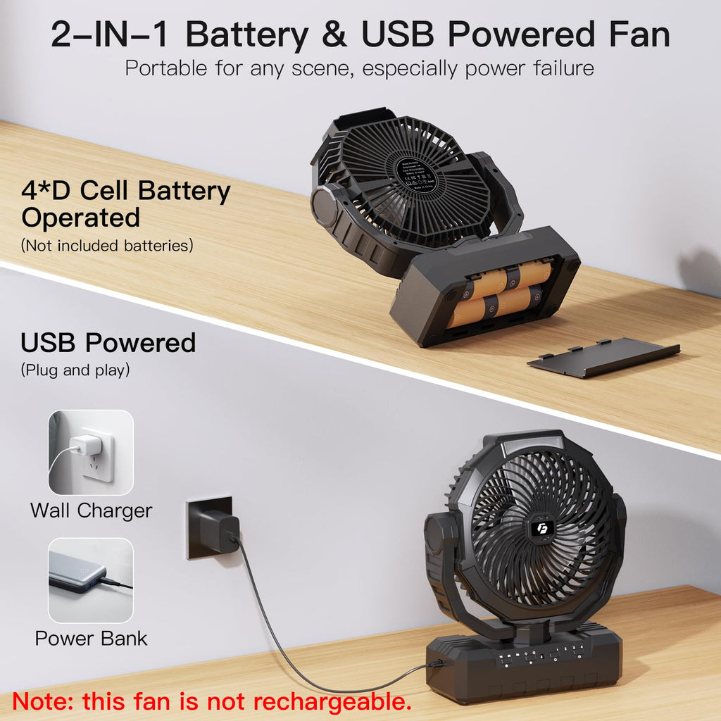 Battery Operated Portable Camping Fan with 4 Speeds, Light, Timer, Remote - Black A58009