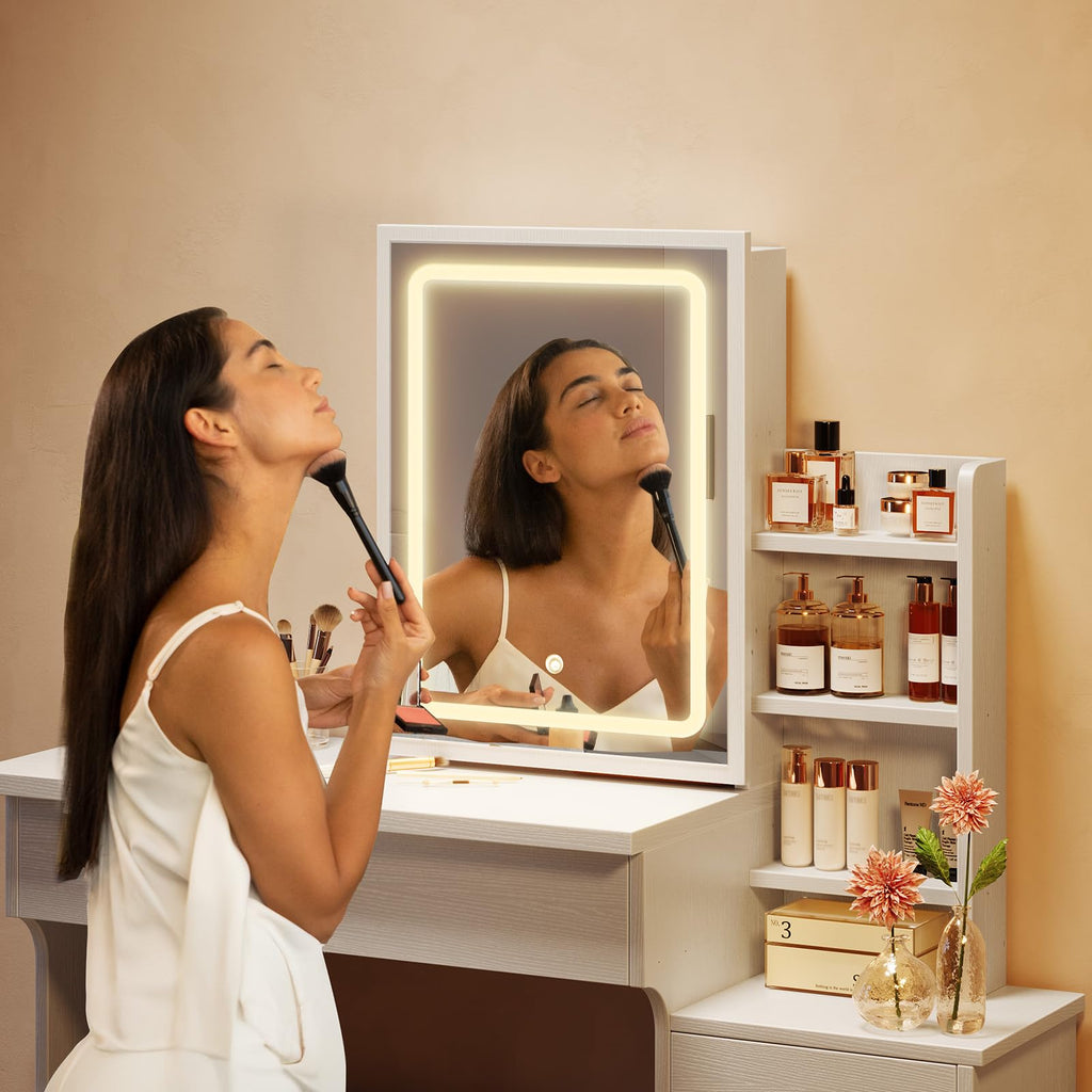 White Makeup Vanity Desk with Sliding Mirror & 4 Drawers V848