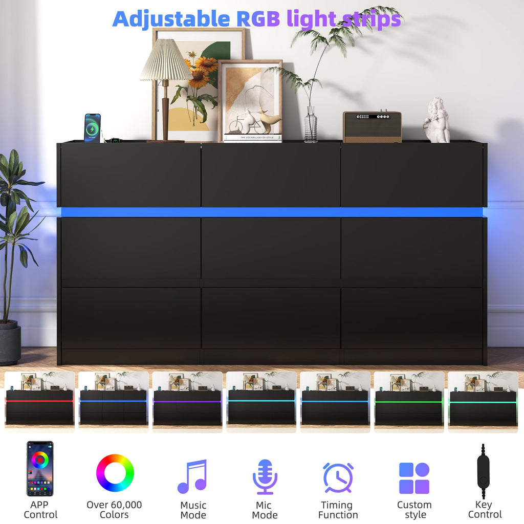 Black 9 Drawer Dresser with Charging Station and LED Lights K890860
