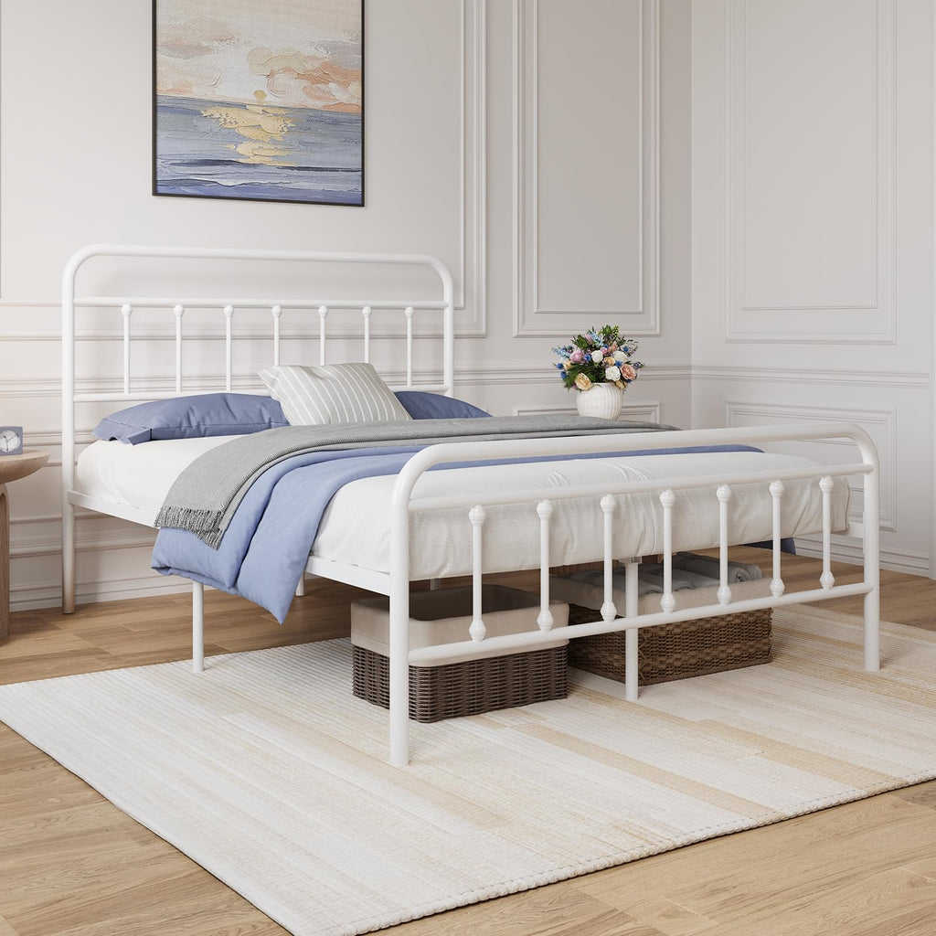 Full Size White Metal Platform Bed Frame with Headboard V400