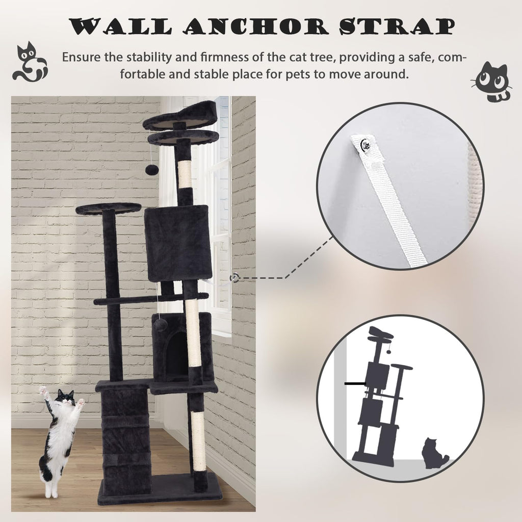 70" Dark Grey Cat Tree Tower with Scratching Post and Bed Y678174