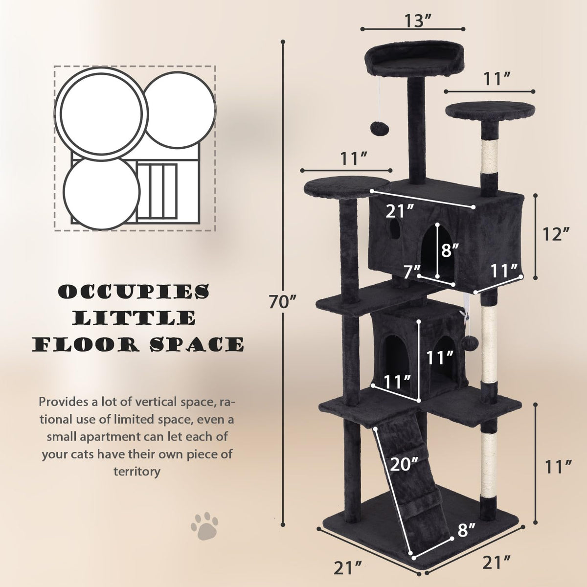 70" Dark Grey Cat Tree Tower with Scratching Post and Bed Y678174