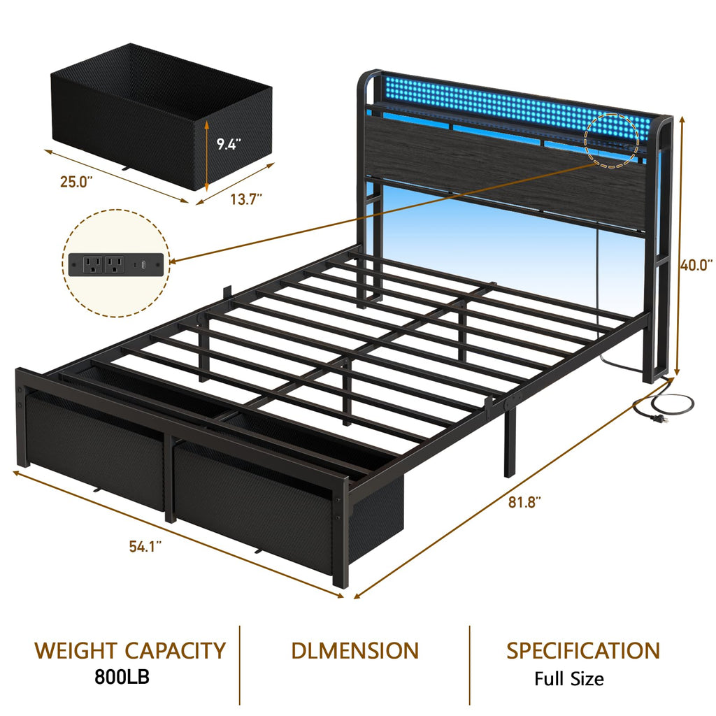 Full Size Bed Frame with Headboard, Charging Station, 2 Storage Drawers L987