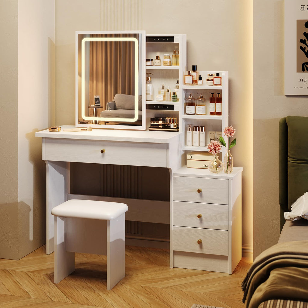 White Makeup Vanity Desk with Sliding Mirror & 4 Drawers V848