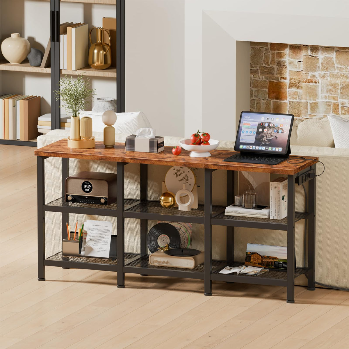 Rustic Brown TV Stand with Power Outlets and Open Storage Shelves C91474