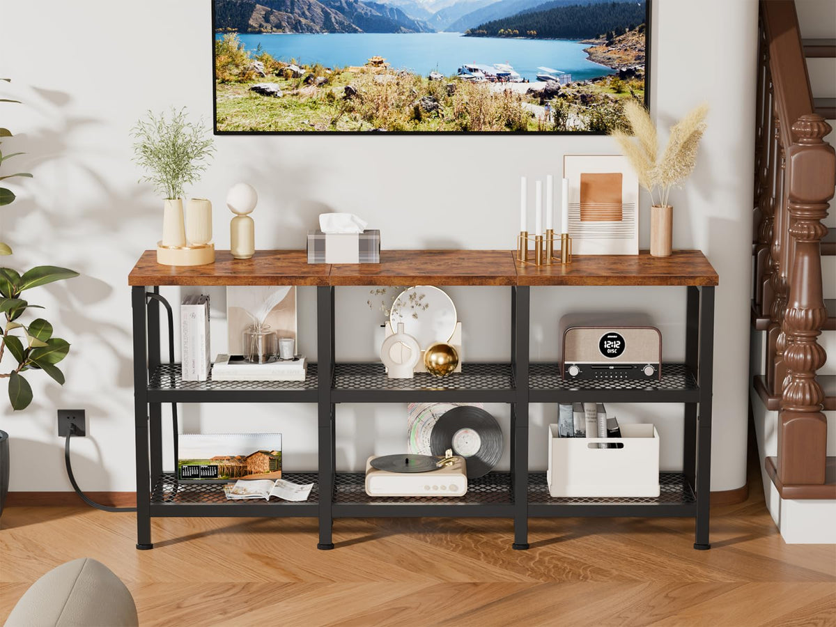 Rustic Brown TV Stand with Power Outlets and Open Storage Shelves C91474
