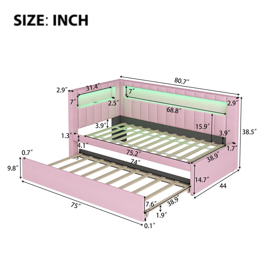 Twin Size Upholstered Platform Bed with Trundle and USB Ports K536541
