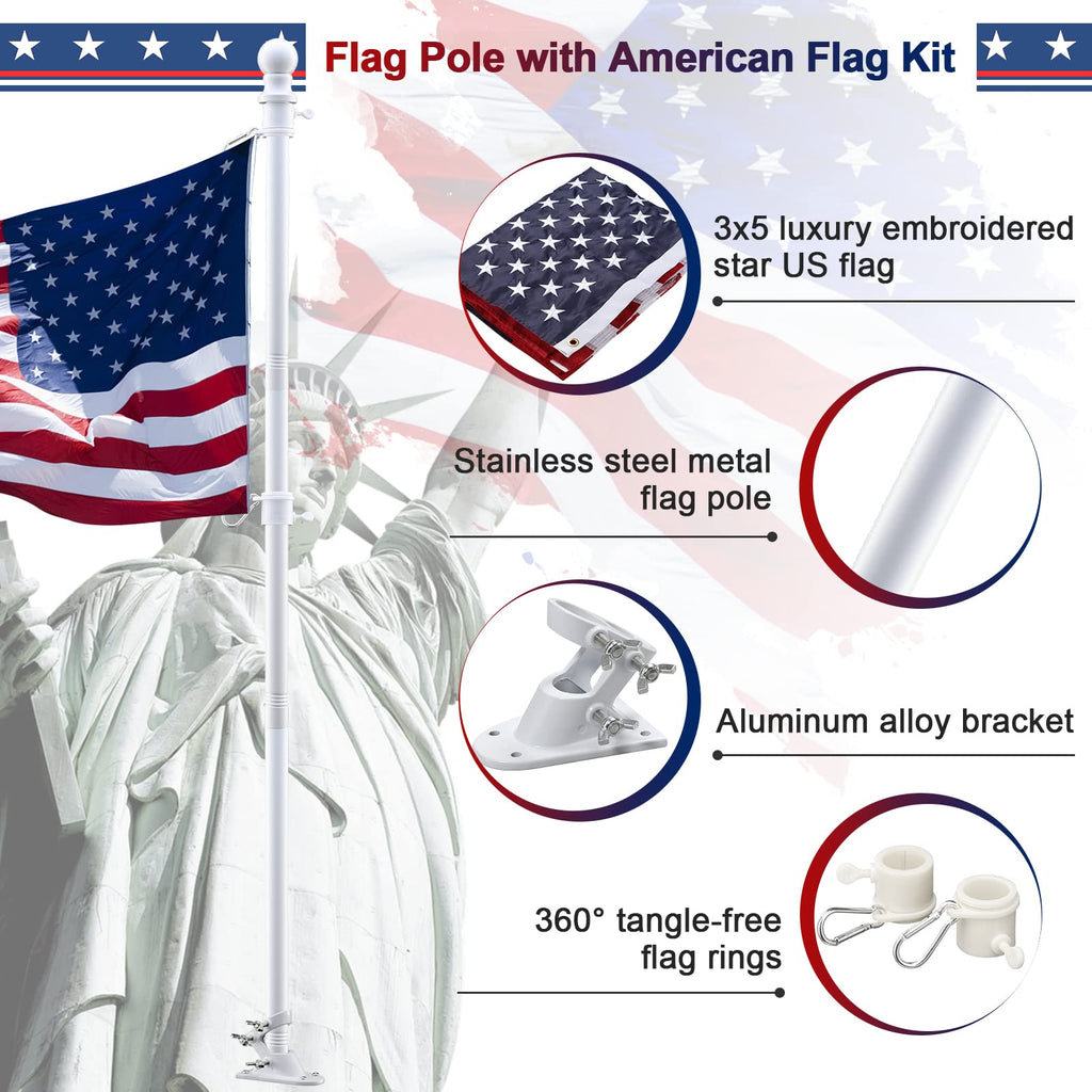 5ft White Tangle Free Flag Pole with 3x5 Embroidered US Flag A66895