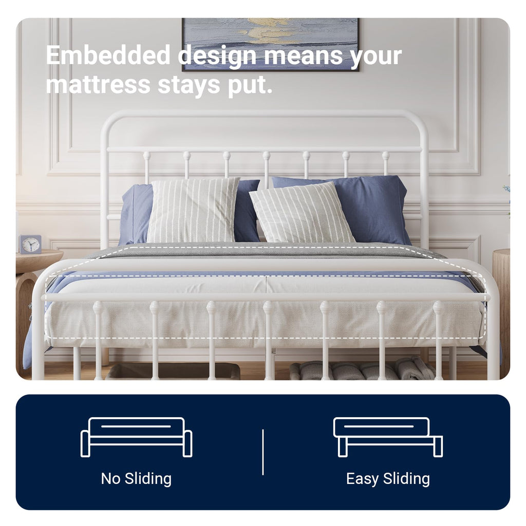 Full Size White Metal Platform Bed Frame with Headboard V400
