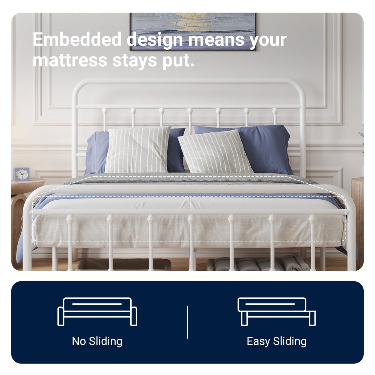 Full Size White Metal Platform Bed Frame with Headboard V400