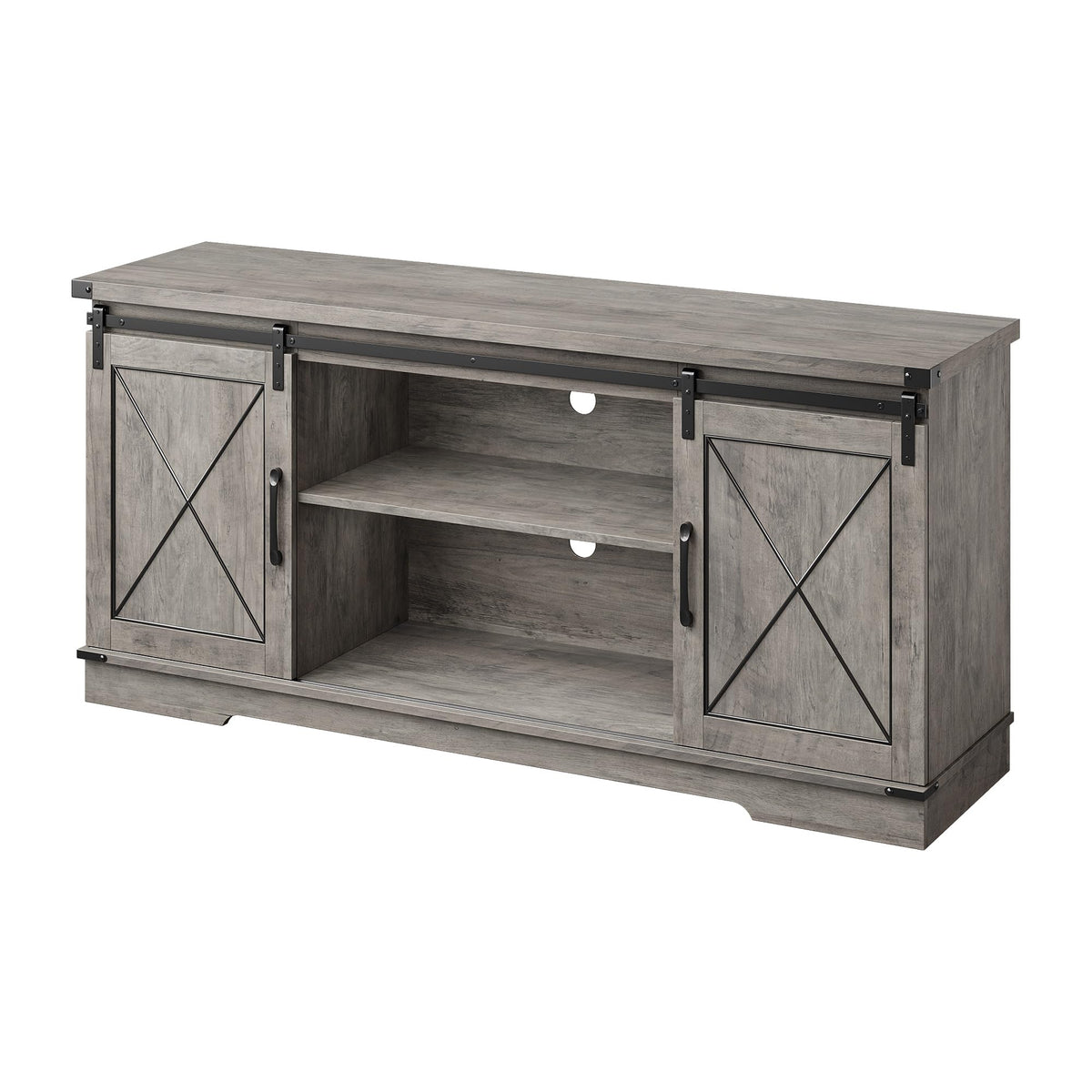 59" Farmhouse TV Stand with Sliding Barn Doors & Adjustable Shelves, Gray P82414