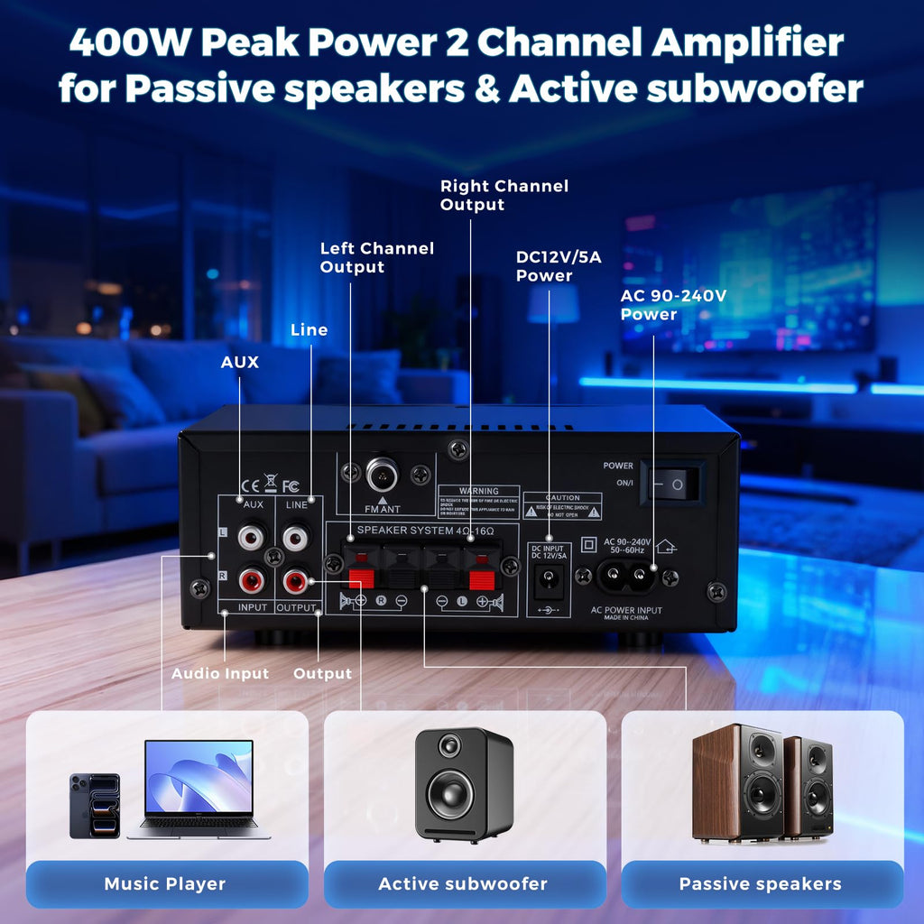 2 Channel 400W Bluetooth Stereo Audio Amplifier Y7215