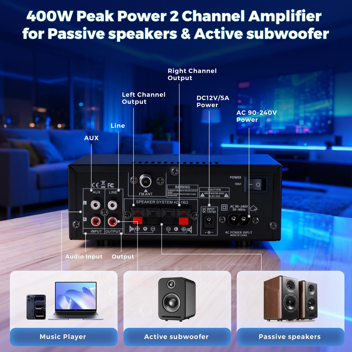 2 Channel 400W Bluetooth Stereo Audio Amplifier Y7215