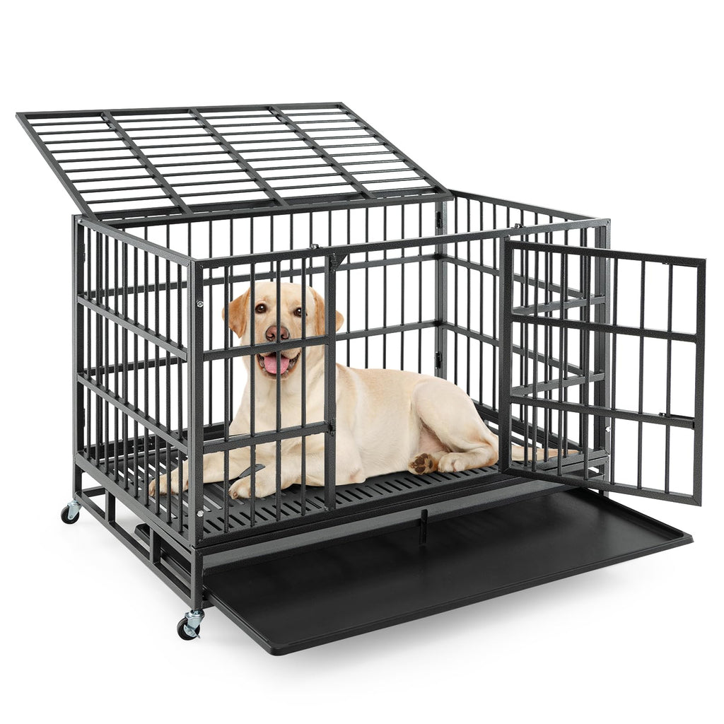 48 Inch Heavy-Duty Metal Dog Crate with Lockable Wheels N29307