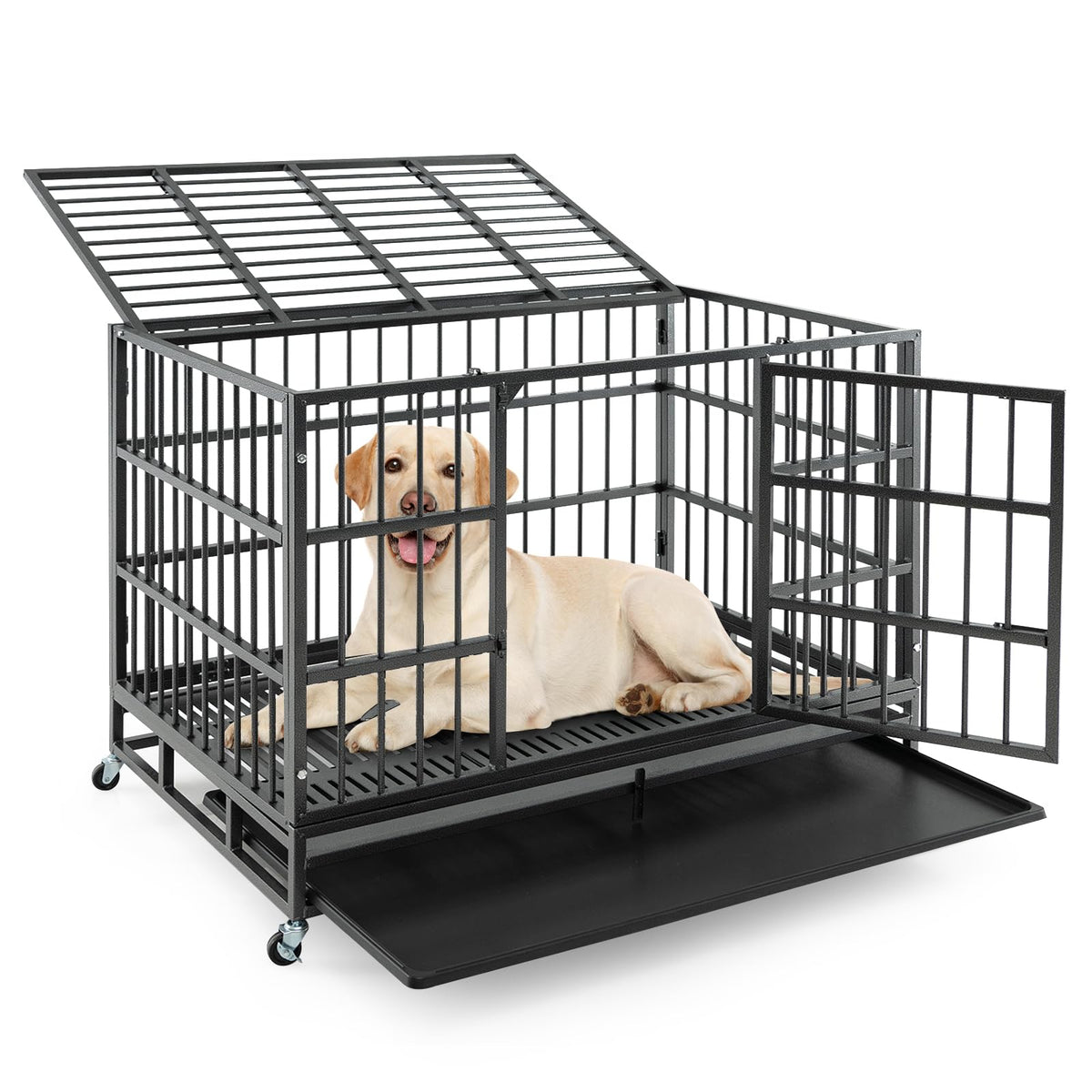 48 Inch Heavy-Duty Metal Dog Crate with Lockable Wheels N29307