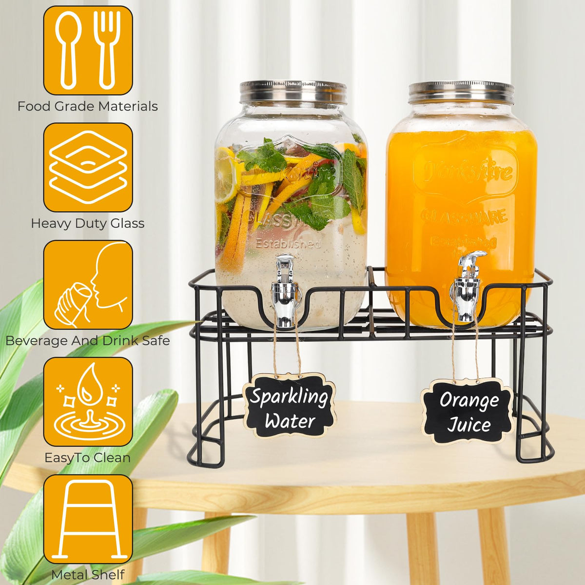 2 Pack 1 Gallon Glass Drink Dispensers with Stand H604529