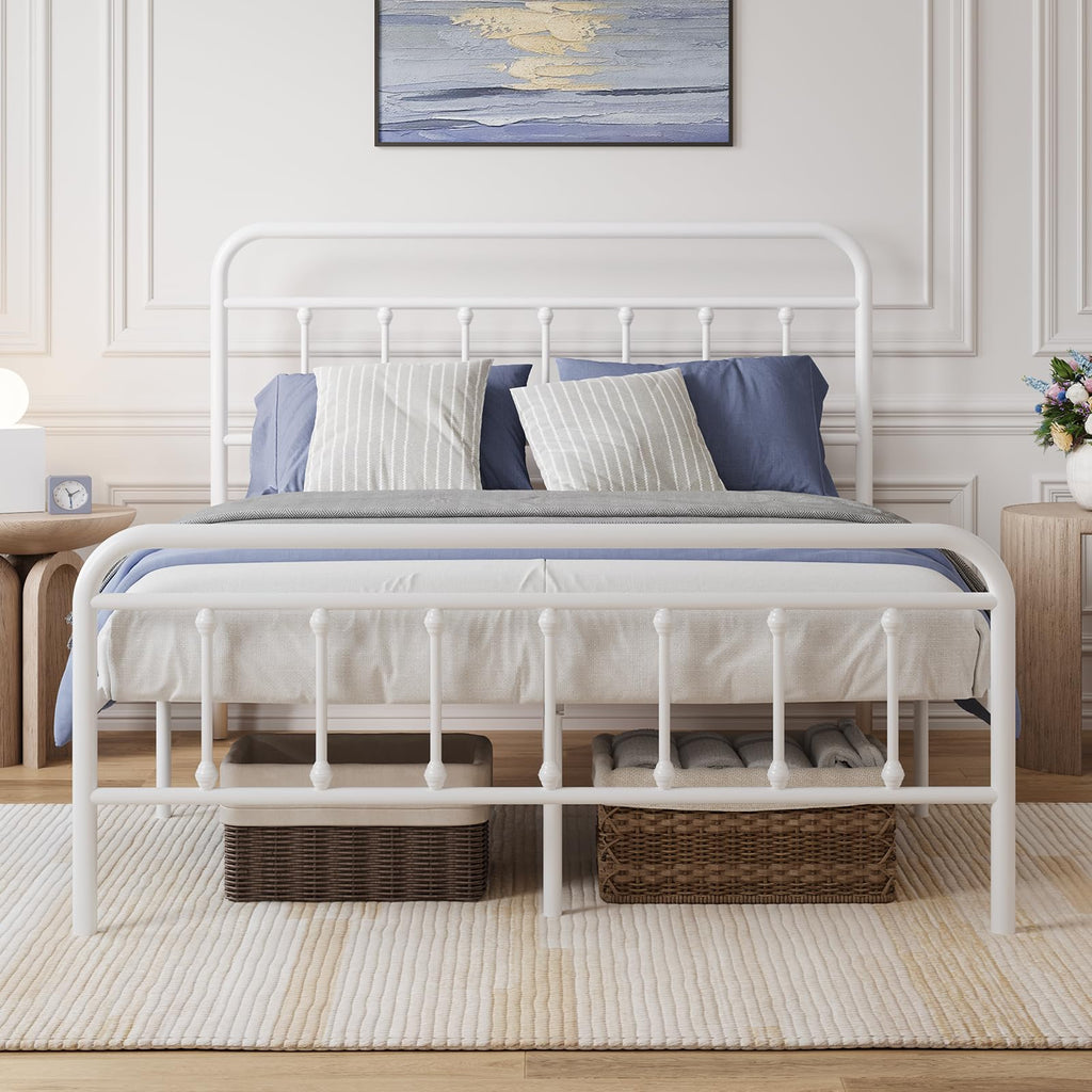 Full Size White Metal Platform Bed Frame with Headboard V400