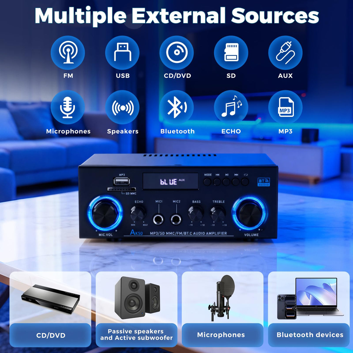 2 Channel 400W Bluetooth Stereo Audio Amplifier Y7215
