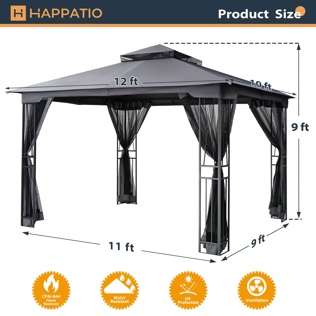10' X 12' Outdoor Patio Gazebo with Double Roof and Mosquito Netting X7337