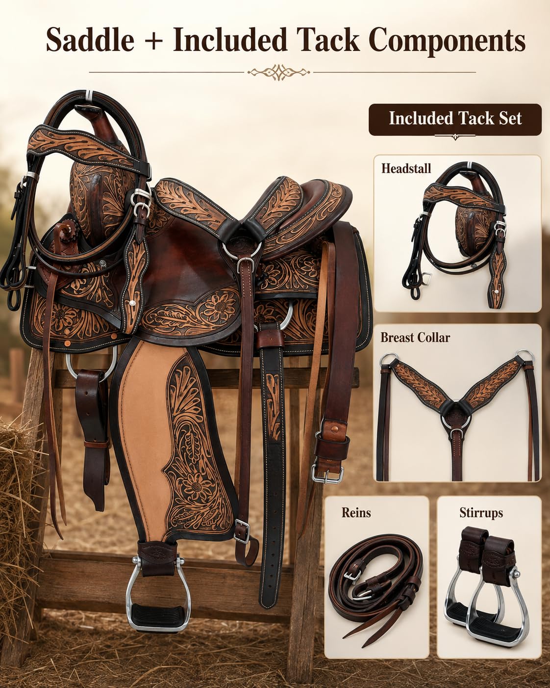 Hand Tooled Genuine Leather Western Horse Saddle with Tack Set 15-18 Inch P6388