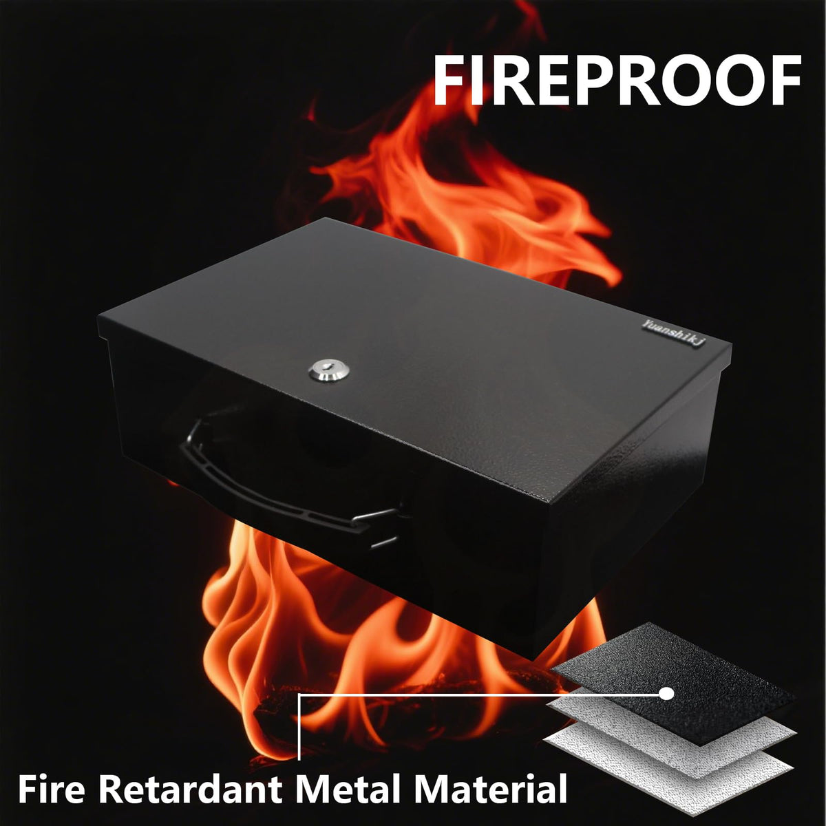 Fireproof Key Lock Steel Security Safe Box, 0.38 Cu Ft, Black J85929