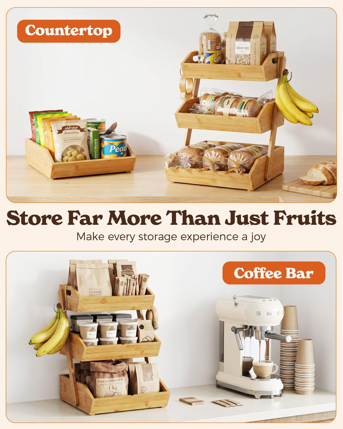 3-Tier Bamboo Fruit Basket with 2 Banana Holders L439